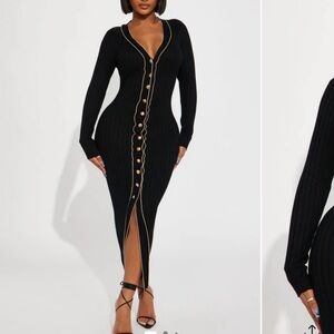 Fashion Nova Black and Gold Slit Bodycon Dress